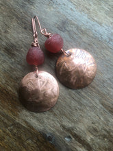 Load image into Gallery viewer, Copper Earrings with Etching and Recycled red Glass Bead