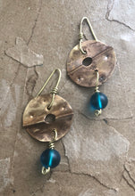 Load image into Gallery viewer, Hammered Brass Earrings with Blue Bead
