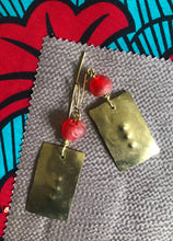 Load image into Gallery viewer, Hammered Brass and Red Glass Bead Earrings