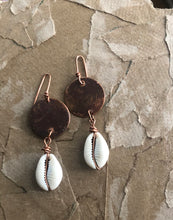 Load image into Gallery viewer, Darkened Copper with Cowrie Shell Drop Earrings