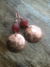 Load image into Gallery viewer, Copper Earrings with Etching and Recycled red Glass Bead