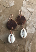 Load image into Gallery viewer, Darkened Copper with Cowrie Shell Drop Earrings