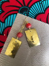 Load image into Gallery viewer, Hammered Brass and Red Glass Bead Earrings