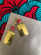 Load image into Gallery viewer, Hammered Brass and Red Glass Bead Earrings
