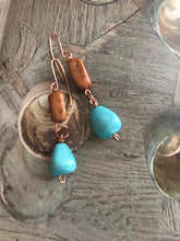 Load image into Gallery viewer, Turquoise and Rustic Brown Dangle Earrings