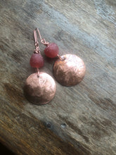 Load image into Gallery viewer, Copper Earrings with Etching and Recycled red Glass Bead