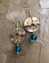 Load image into Gallery viewer, Hammered Brass Earrings with Blue Bead