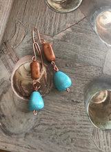 Load image into Gallery viewer, Turquoise and Rustic Brown Dangle Earrings