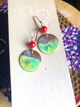 Load image into Gallery viewer, Copper Enamel Dangle Earrings with Red Bead