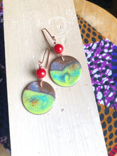 Load image into Gallery viewer, Copper Enamel Dangle Earrings with Red Bead