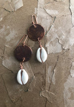 Load image into Gallery viewer, Darkened Copper with Cowrie Shell Drop Earrings