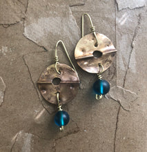 Load image into Gallery viewer, Hammered Brass Earrings with Blue Bead