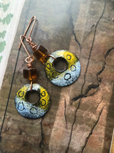 Load image into Gallery viewer, Copper Enamel Drop Earrings with Amber bead