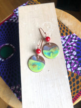 Load image into Gallery viewer, Copper Enamel Dangle Earrings with Red Bead