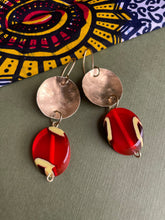 Load image into Gallery viewer, Hammered Brass Earrings with Red Bead