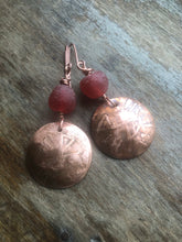 Load image into Gallery viewer, Copper Earrings with Etching and Recycled red Glass Bead