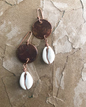 Load image into Gallery viewer, Darkened Copper with Cowrie Shell Drop Earrings