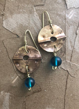 Load image into Gallery viewer, Hammered Brass Earrings with Blue Bead