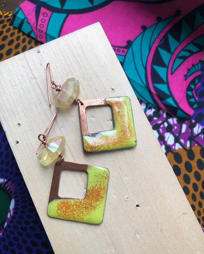Copper Enamel Dangle Earrings with lemon quartz