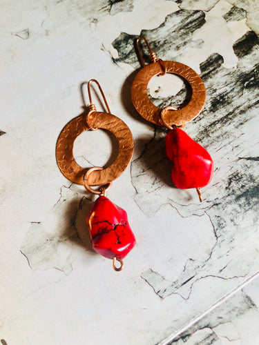 Copper with red Turquoise Dangle Earrings