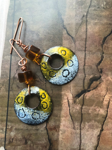 Copper Enamel Drop Earrings with Amber bead