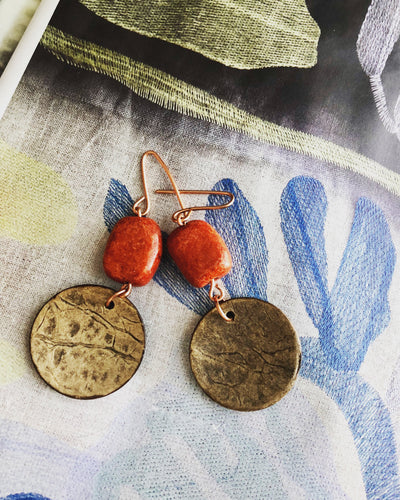 Wooden Shells with Russet Red Bead Earrings