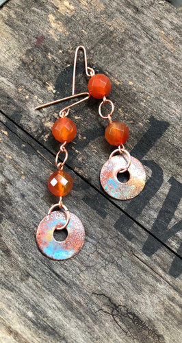 Copper Enamel with Orange Bead Dangle Earrings