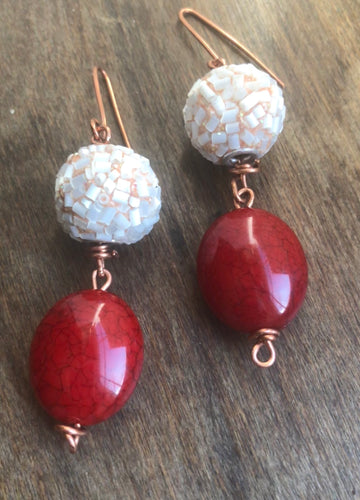 Red and Pearl Pink Beaded Earring on Copper