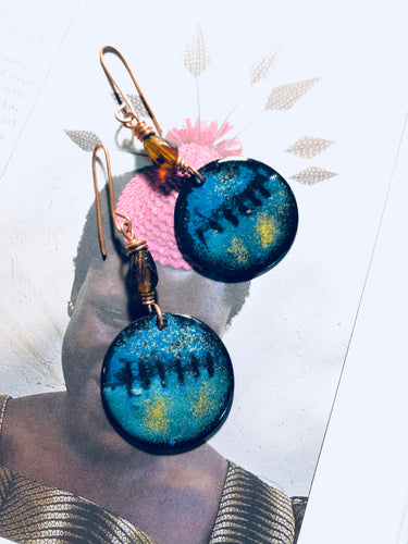 Copper Enamel Earrings/Amber Bead
