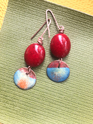 Copper Enamel with Red Bead Earrings