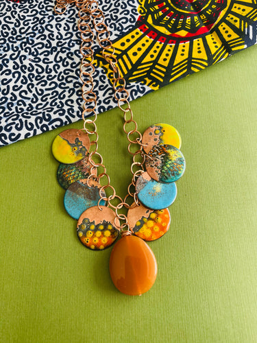 Copper Enamel Necklace with Honey  Bead