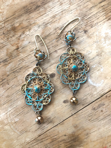 Mixed Media Earrings with Green Patina