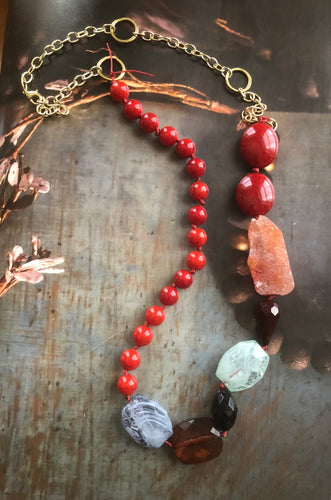 Red Beaded Necklace with Pink Druzy