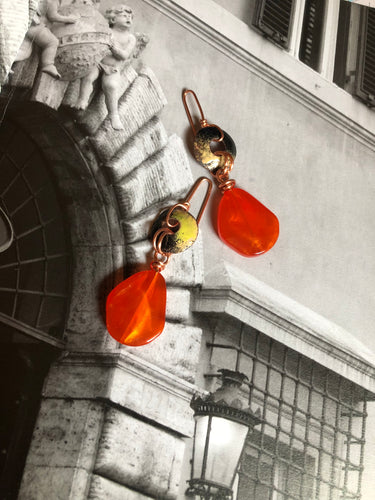Copper enamel earring with Orange Bead