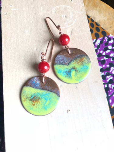 Copper Enamel Dangle Earrings with Red Bead