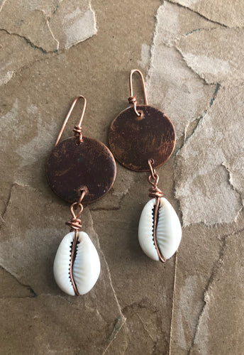 Darkened Copper with Cowrie Shell Drop Earrings