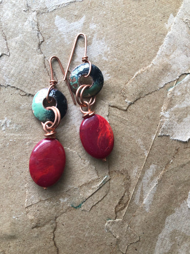 Copper Enamel drop earrings with Red Bead