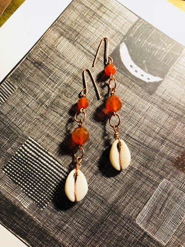 Orange Beaded Earrings with Cowrie Shell