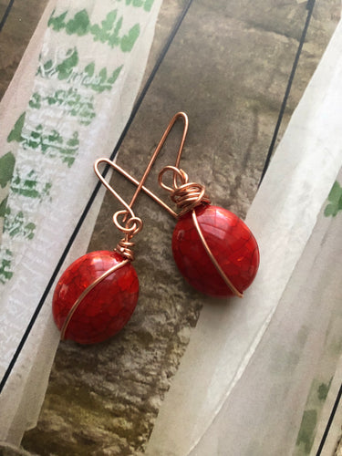 Large Red Bead and Copper Wire Drop Earrings