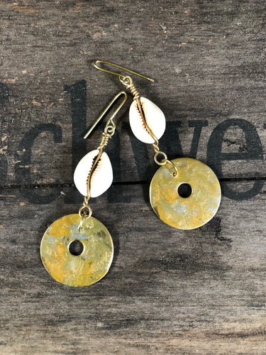 Painted Brass Dangle Earrings with Cowrie Shells