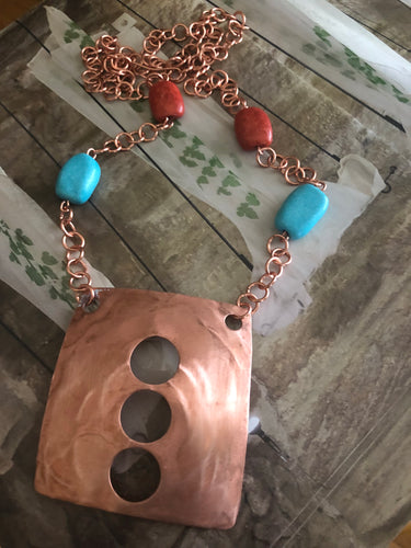 Copper Necklace with Turquoise and Rust Color Beads