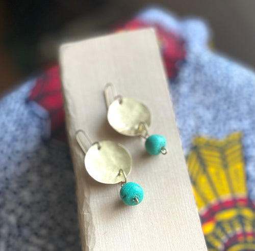 Hammered Brass Earrings with Turquoise Bead