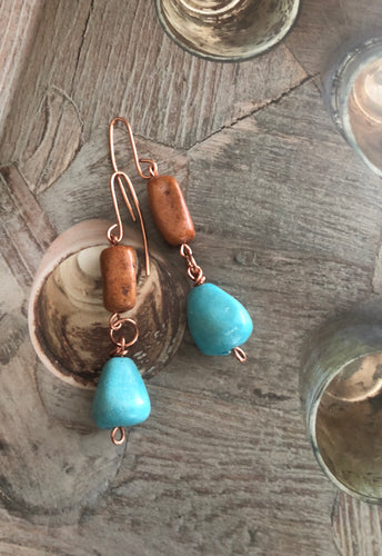 Turquoise and Rustic Brown Dangle Earrings