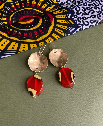 Hammered Brass Earrings with Red Bead