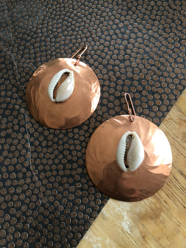 Large Copper Earrings with Cowrie Shell