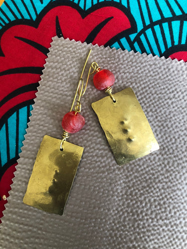 Hammered Brass and Red Glass Bead Earrings