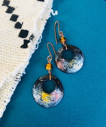 Copper Enamel Earrings with Amber Bead