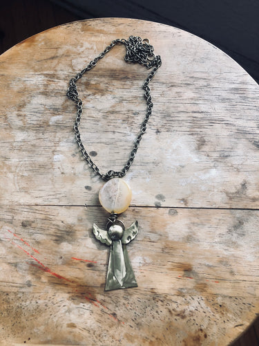 Brass Angel with Peach Agate Statement Necklace