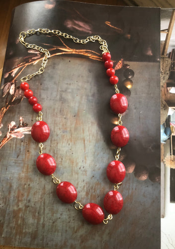 Red Beaded Necklace with Brass