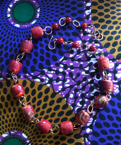 Red Beaded Mixed Media Necklace